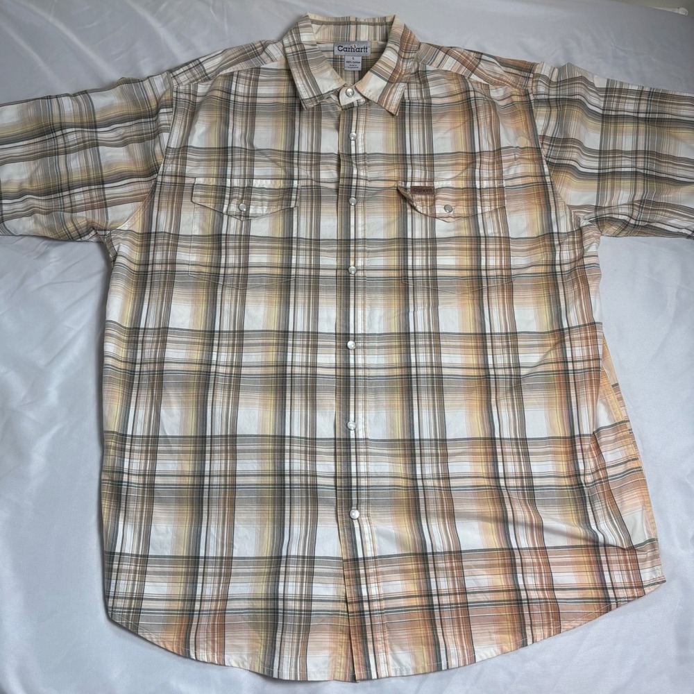 Carhartt Button Down Shirt Mens L Tan Excellent Plaid Short Sleeve Western Snap